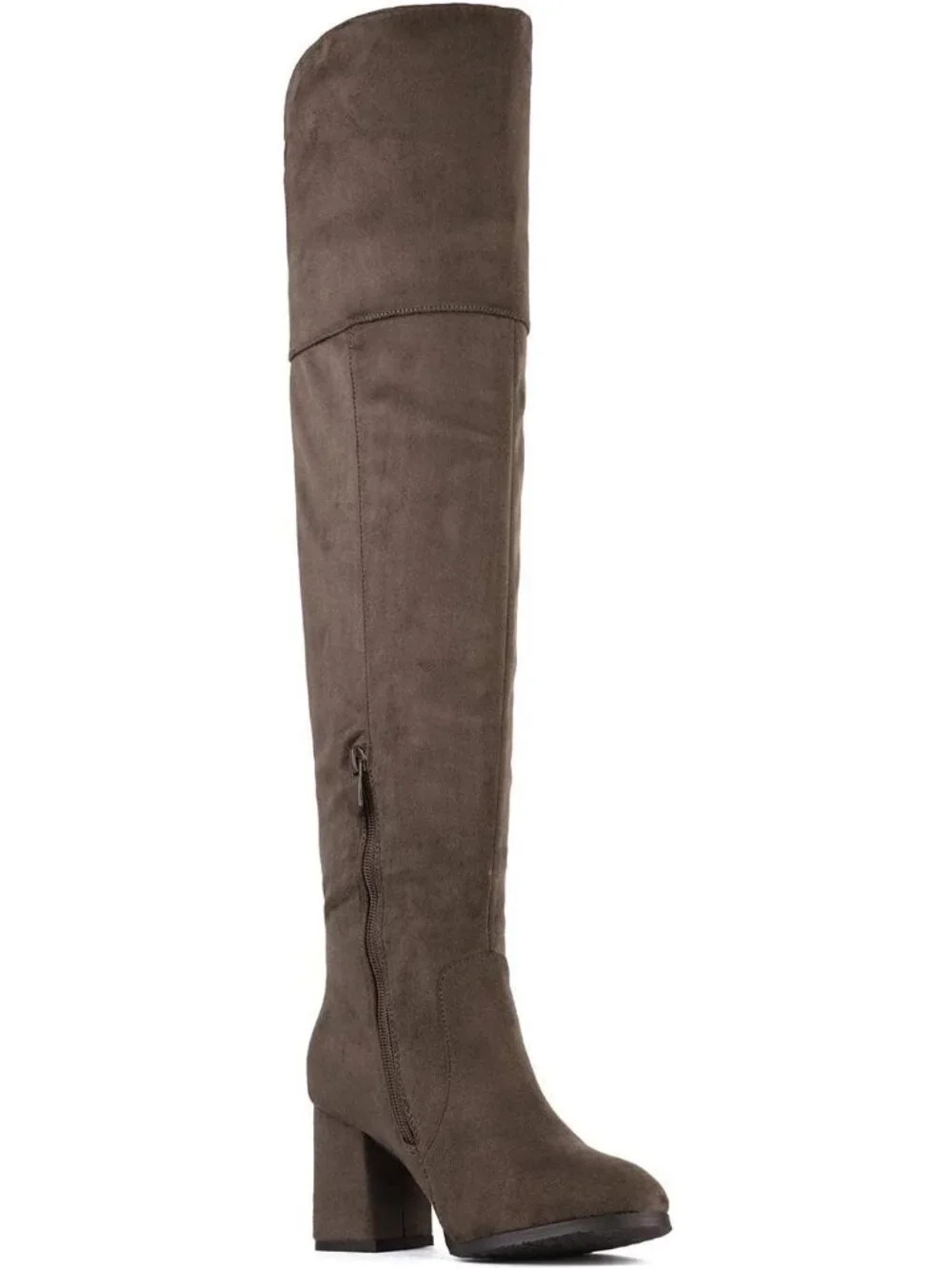 Women's Khaki Round Toe Side Zipper Chunky Heel Over The Knee Thigh High Boots